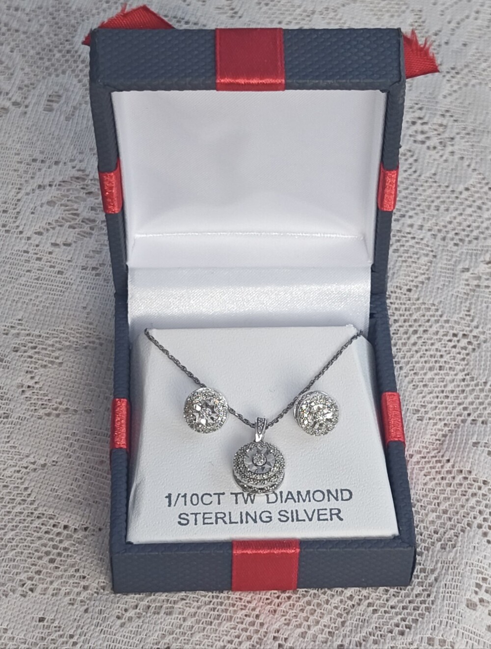 1/10 Ct Diamond Sterling Silver Diamond Pendant and Stud Earrings Set - White